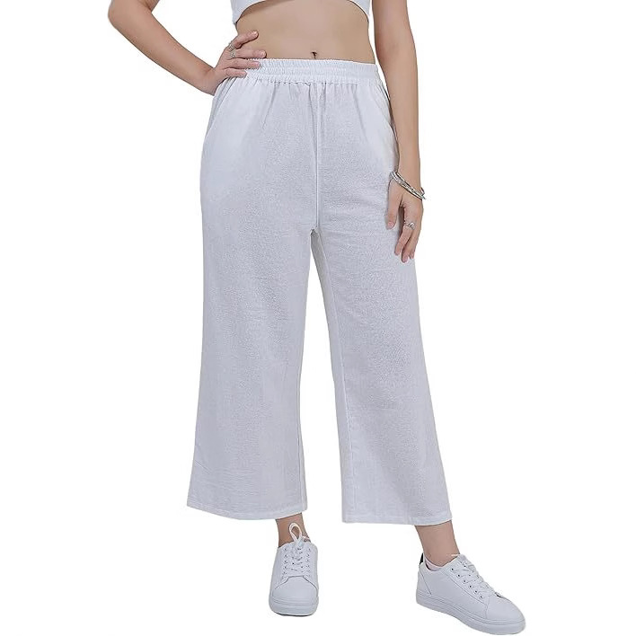 Women's Cotton-Linen Wide-Leg Capri Pants High-Waist Loose Casual