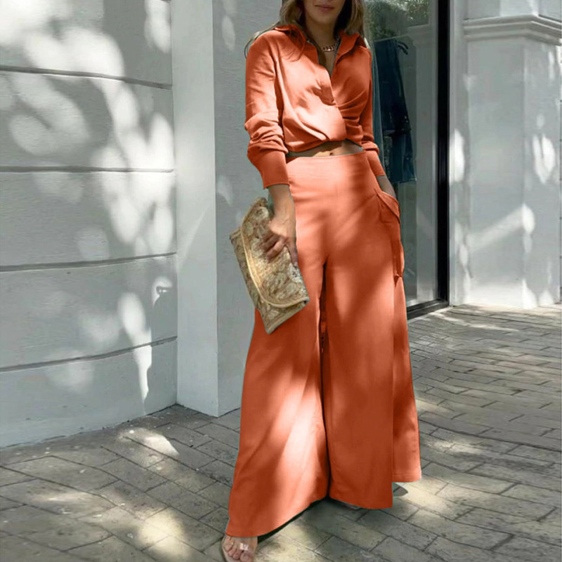 Women's Solid Color Lapel Slim Fit Two-Piece Pants Set