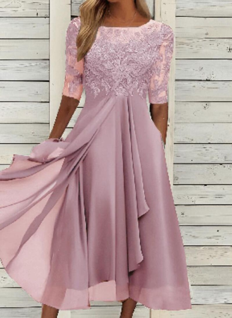 Chiffon Lace Cutout Midi Dress for Bridesmaid Evening