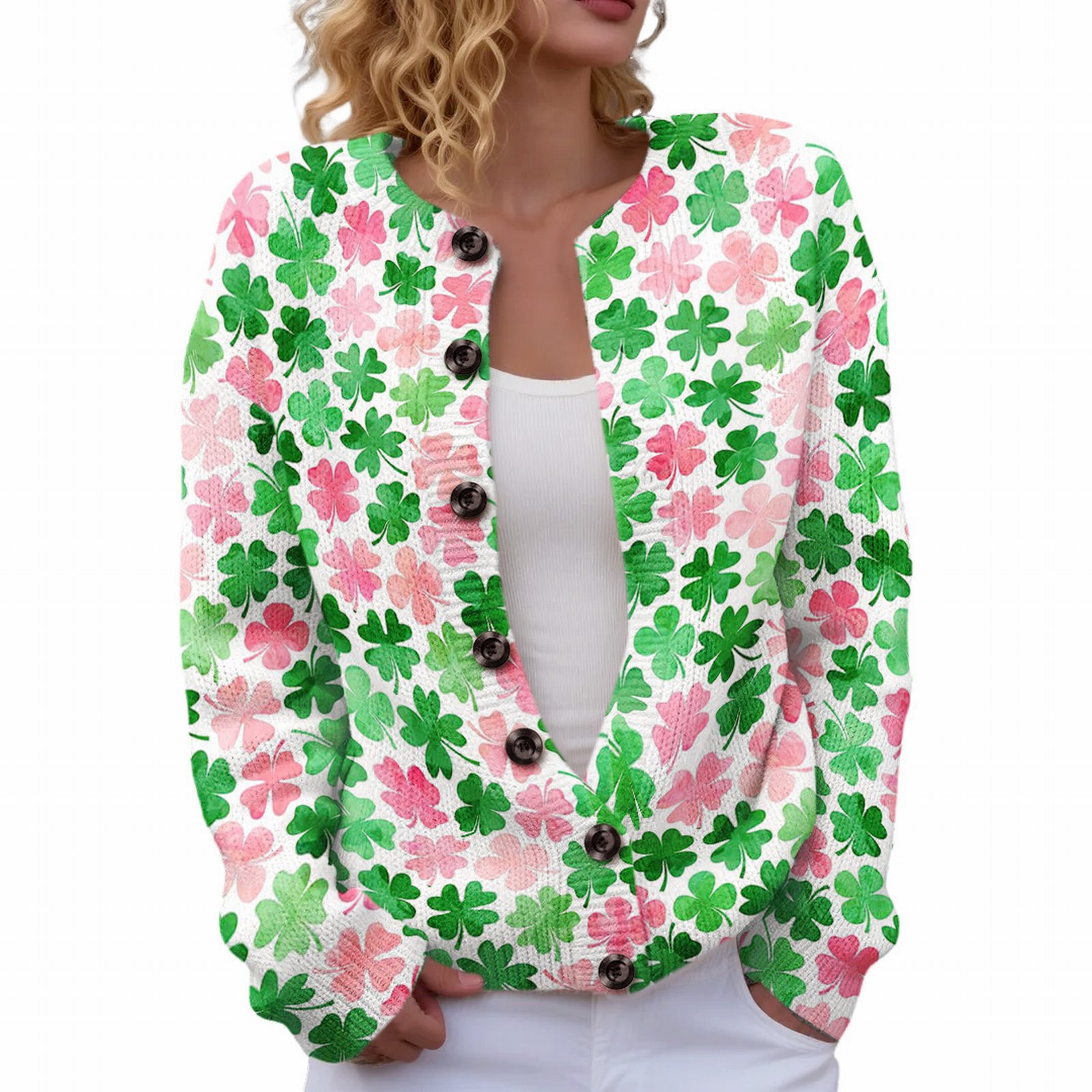 Women's Four-Leaf Clover Print Button Cardigan Sweater