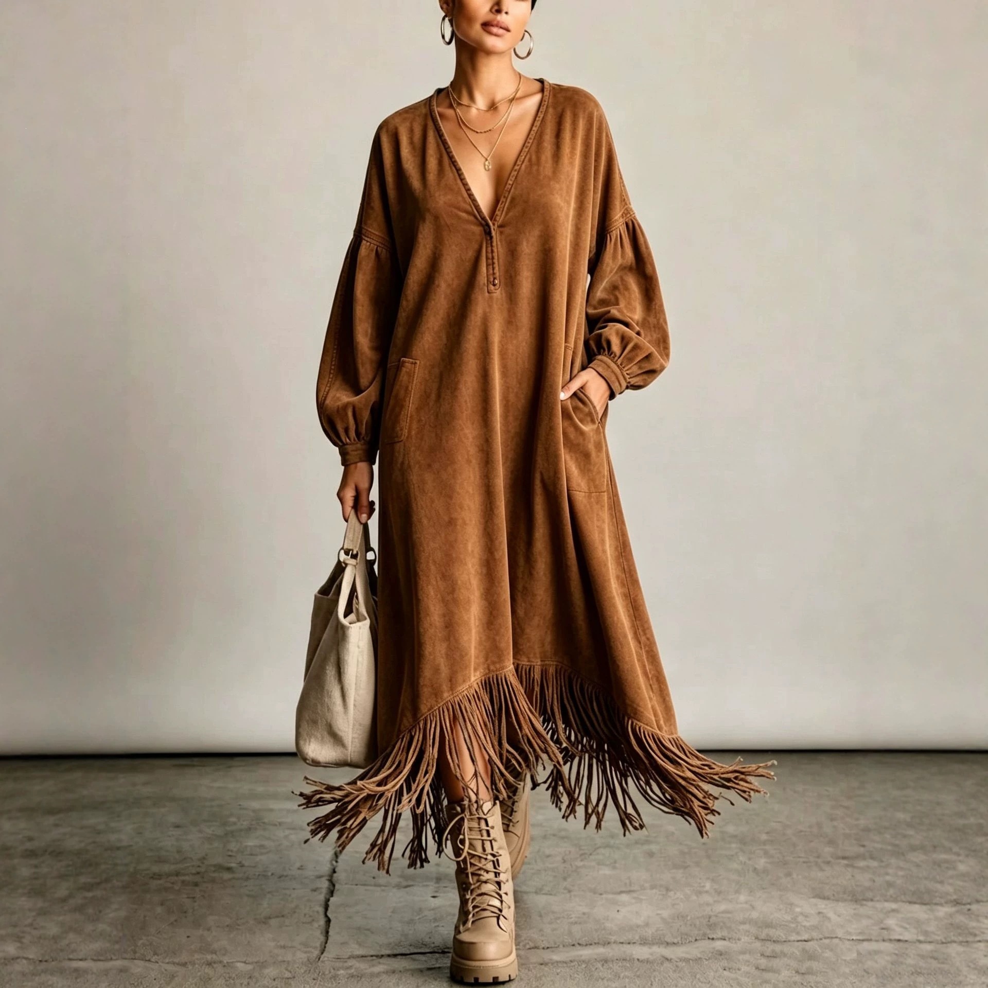 Suede Fringe V-Neck Midi Dress