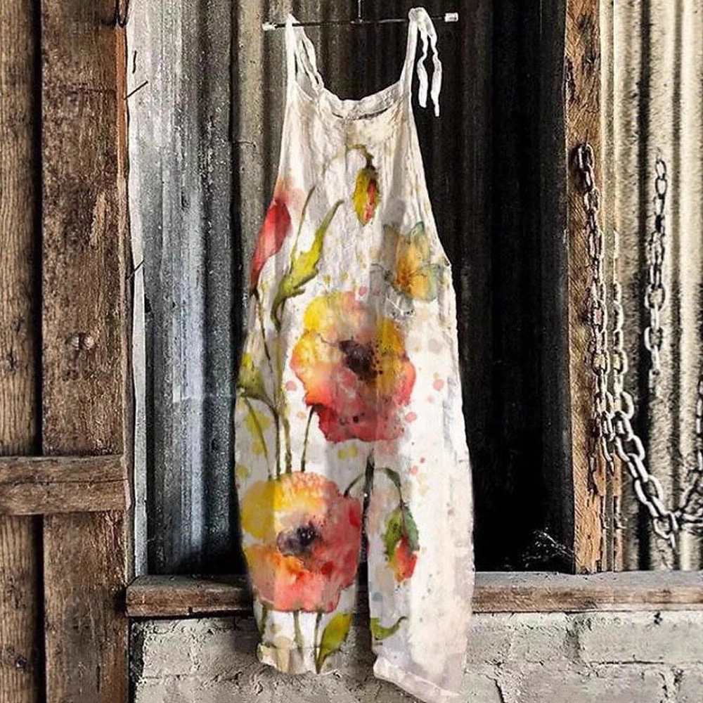 Women's Vintage Floral Print Sleeveless Jumpsuit Casual Tie-Waist