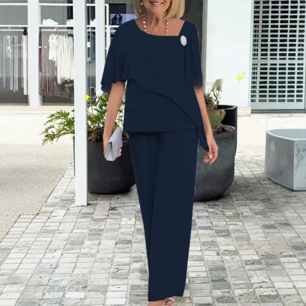Chiffon Beaded Rhinestone Wide-Leg Pants Two-Piece Set