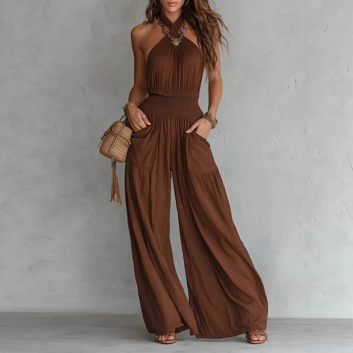 Bohemian Open-Back Sleeveless Wide-Leg Jumpsuit with Smocking and Pockets