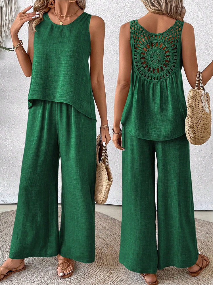 Women's Two-Piece Sleeveless Tank Top and Wide-Leg Pants Set with Hollow-Out Lace Trim