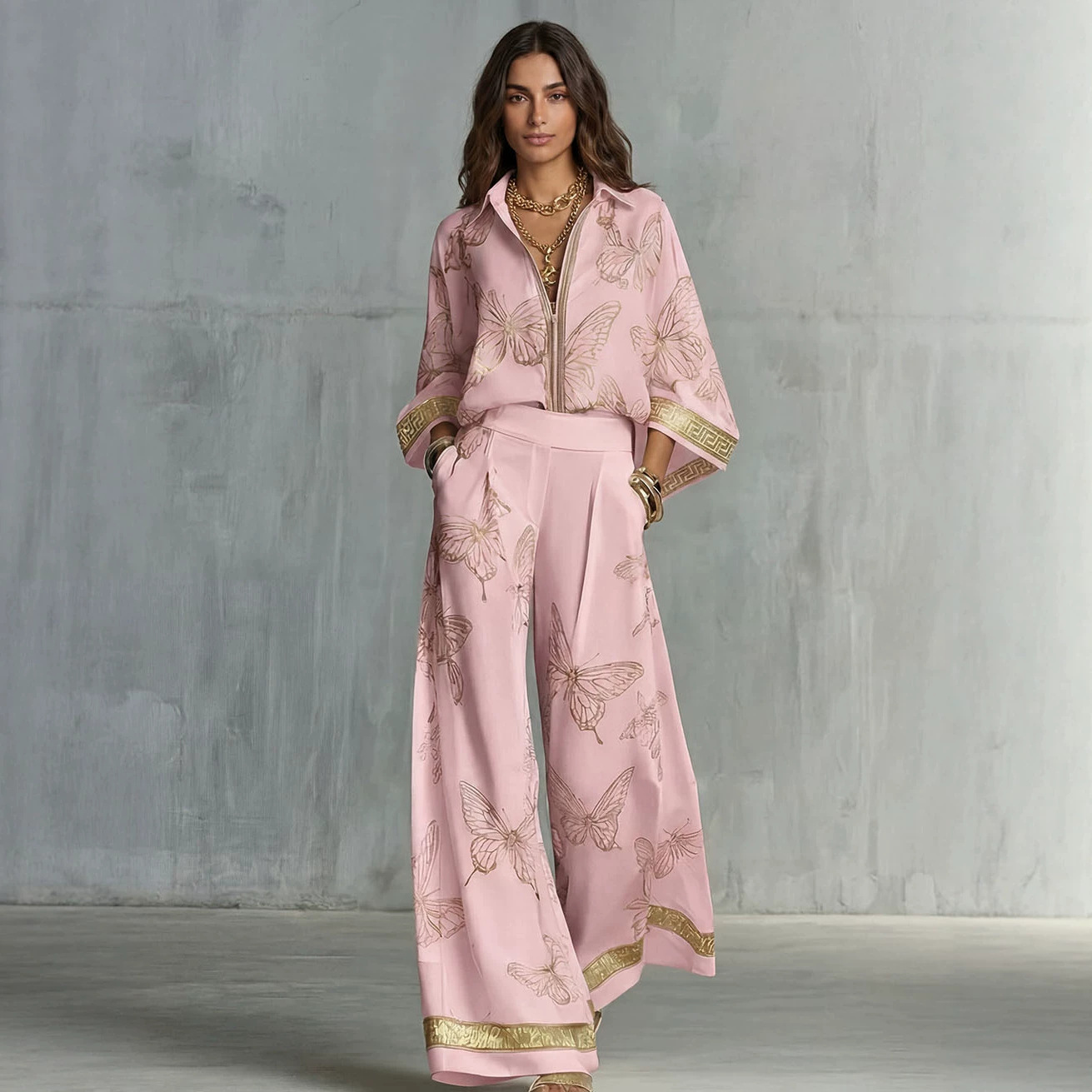Women's Vintage Print Deep V Zip Top & Wide-Leg Pants Set