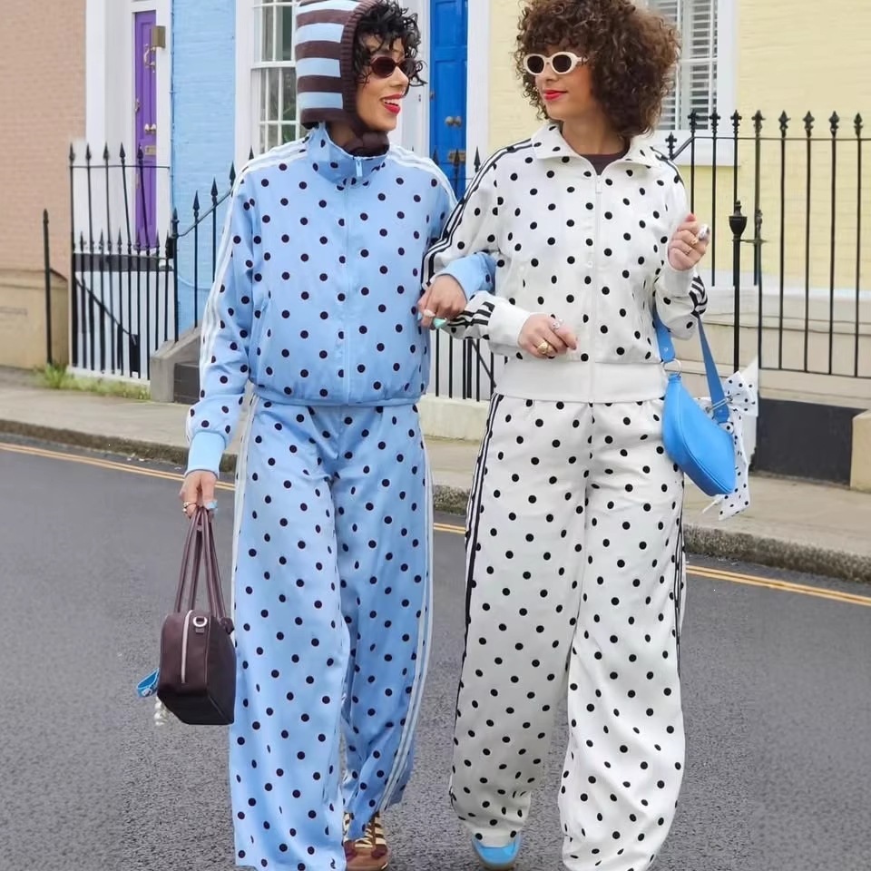 Polka Dot Three-Stripe Casual Set with Retro Stand Collar Jacket and Wide-Leg Pants