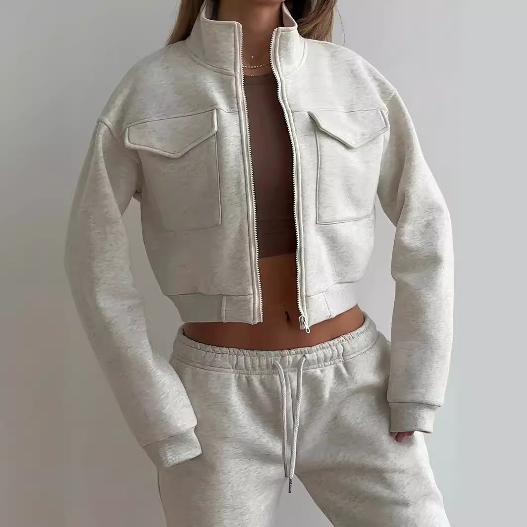 Women's Casual Two-Piece Set Zip-Up Cropped Hoodie and Pants