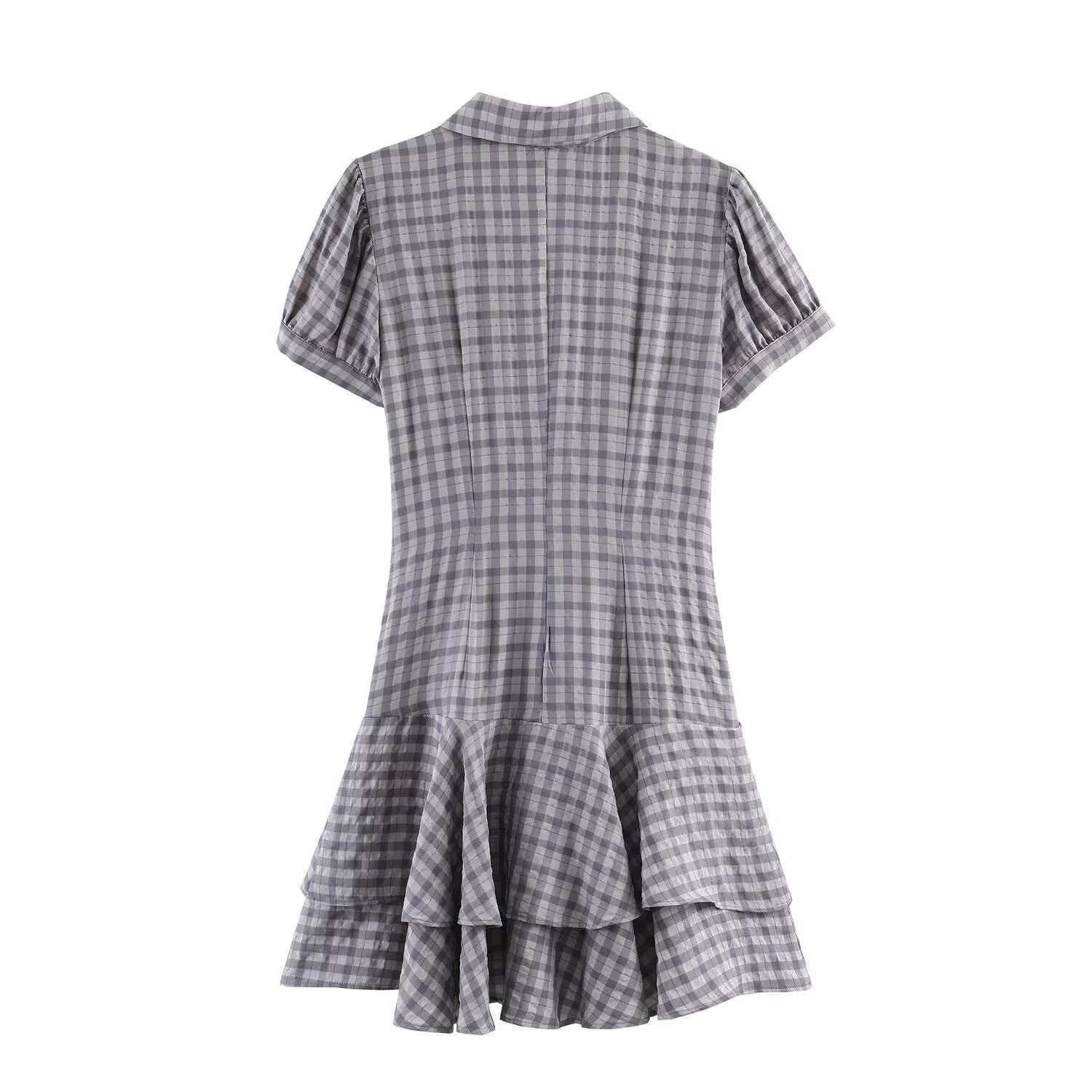 Women's Sweet Layered Plaid Short Dress with Belt