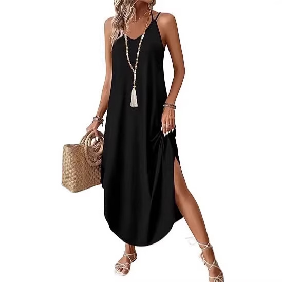 Solid Color Sleeveless V-Neck Midi Dress