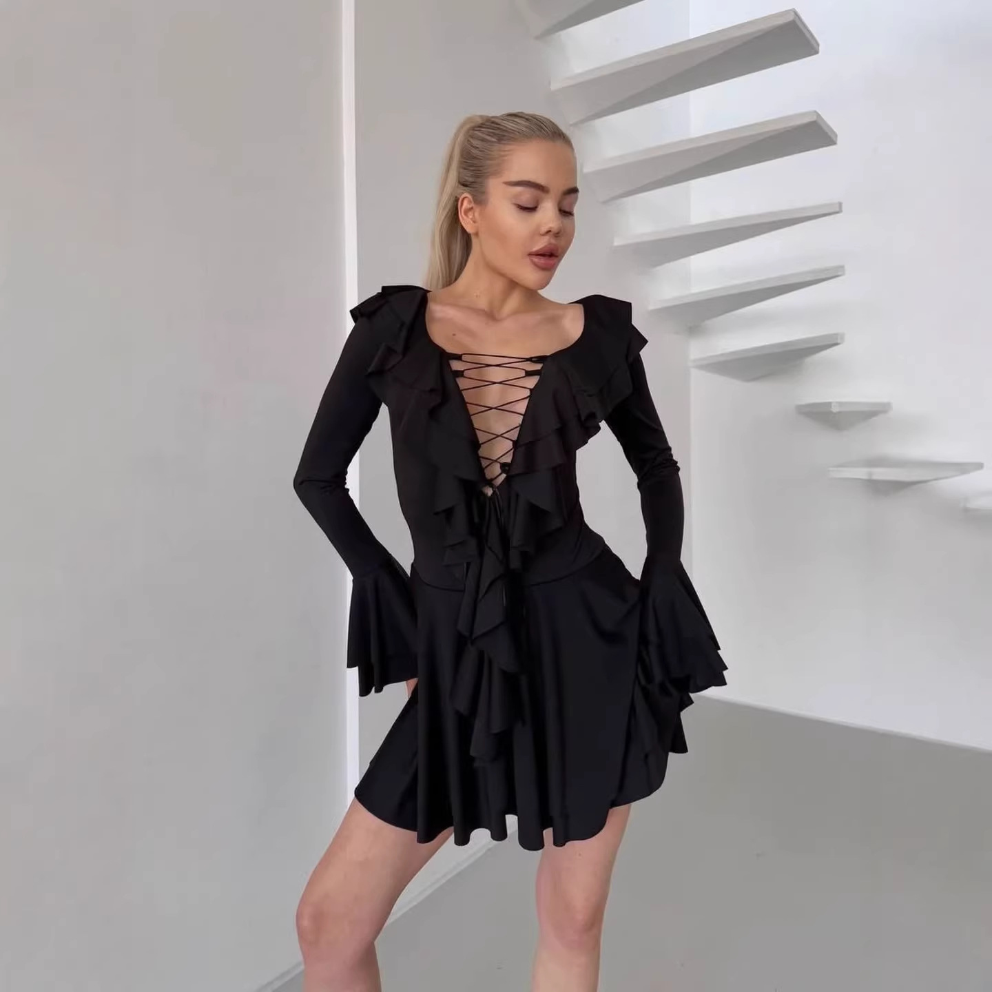 Women's Solid V-Neck Flare-Sleeve Ruffle Waist Dress