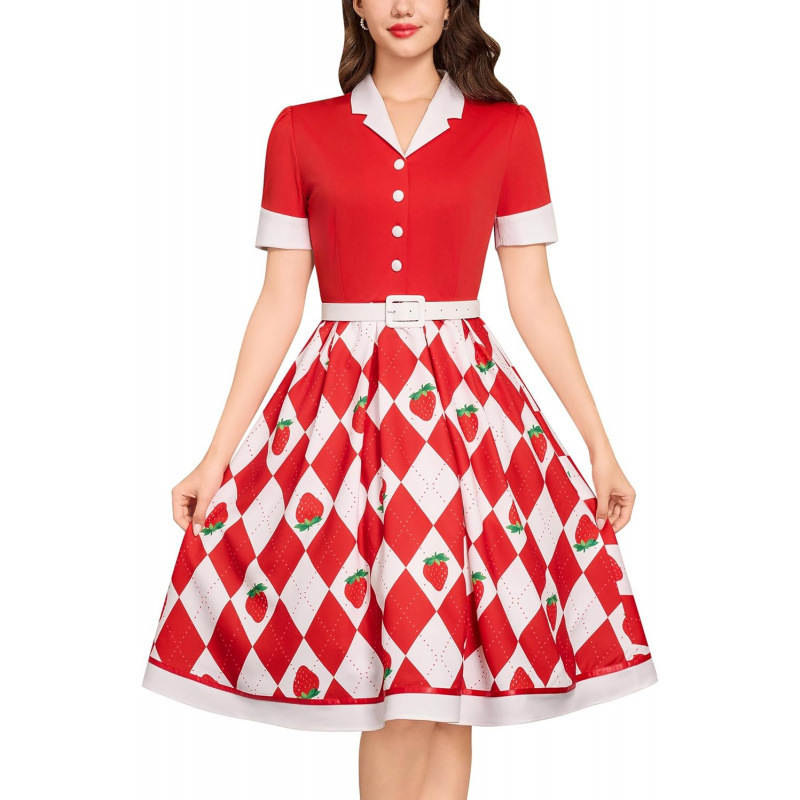 Women's Vintage Fruit Print Short Sleeve A-Line Dress with Belt