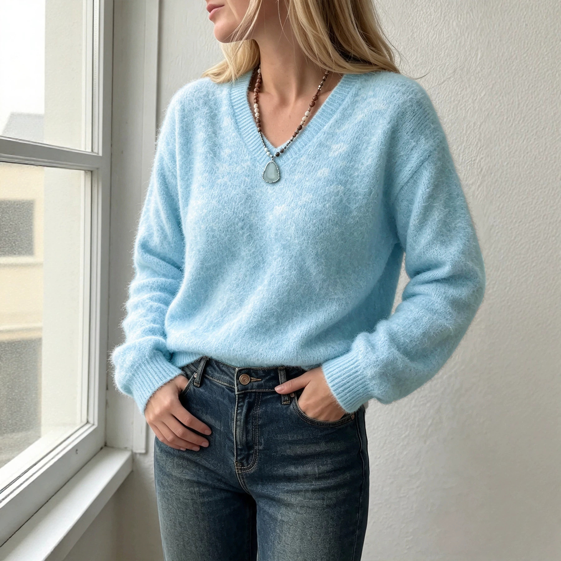 Women's V-Neck Wool Blend Knit Sweater Soft Solid Color Pullover