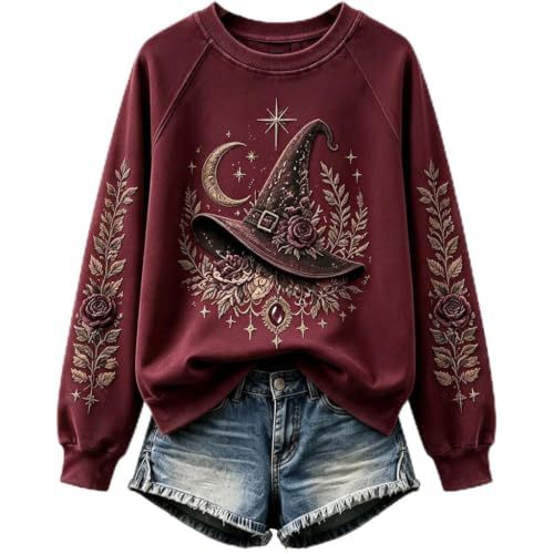 Halloween Witch Hat Print Crewneck Long-Sleeve Pullover Sweatshirt