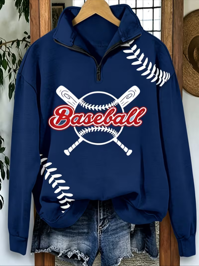Women's Half-Zip Baseball Letter Print Hoodie