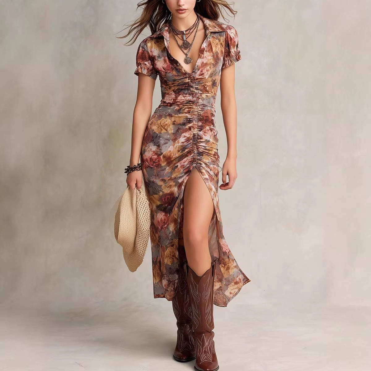 V-Neck Waist-Cinching High-Slit Midi Dress Vintage Floral Ruffle