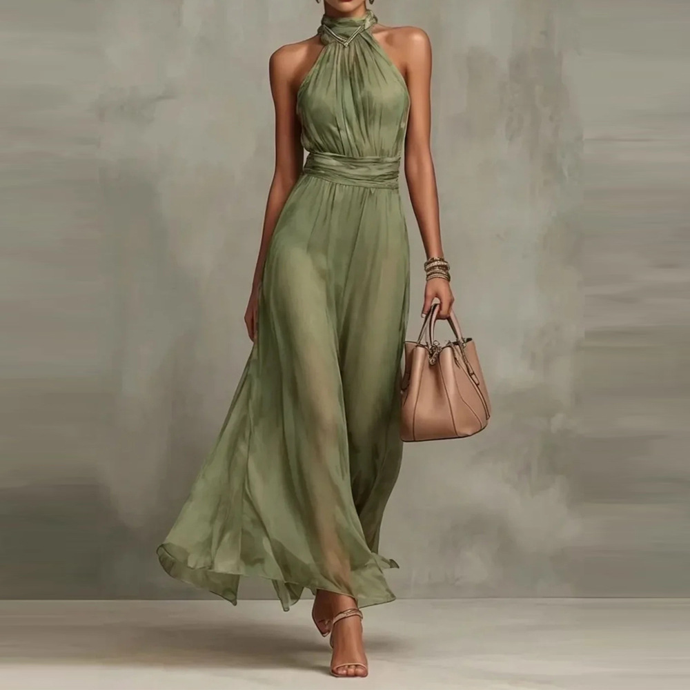 Women's Sleeveless Halter Neck Ruched Waist A-Line Long Dress
