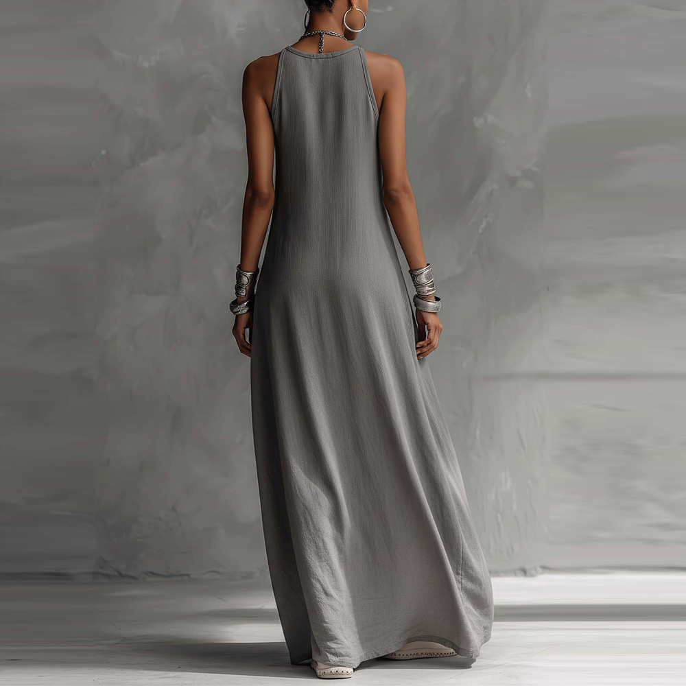 Women's Sleeveless Off-Shoulder Colorblock Maxi Dress with Pockets