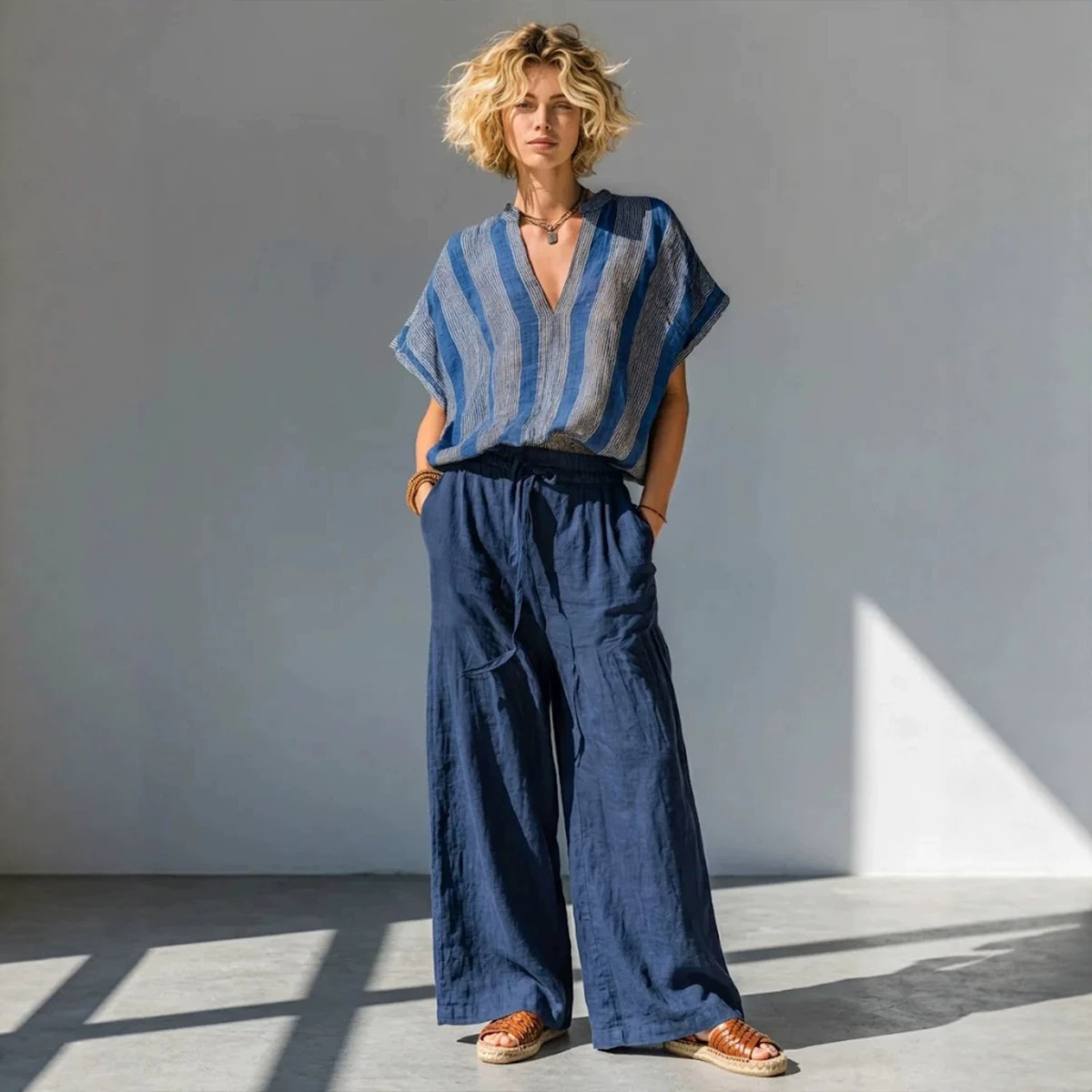 Blue-Gray Striped V-Neck Loose Top & Cotton-Linen Wide-Leg Pants Set