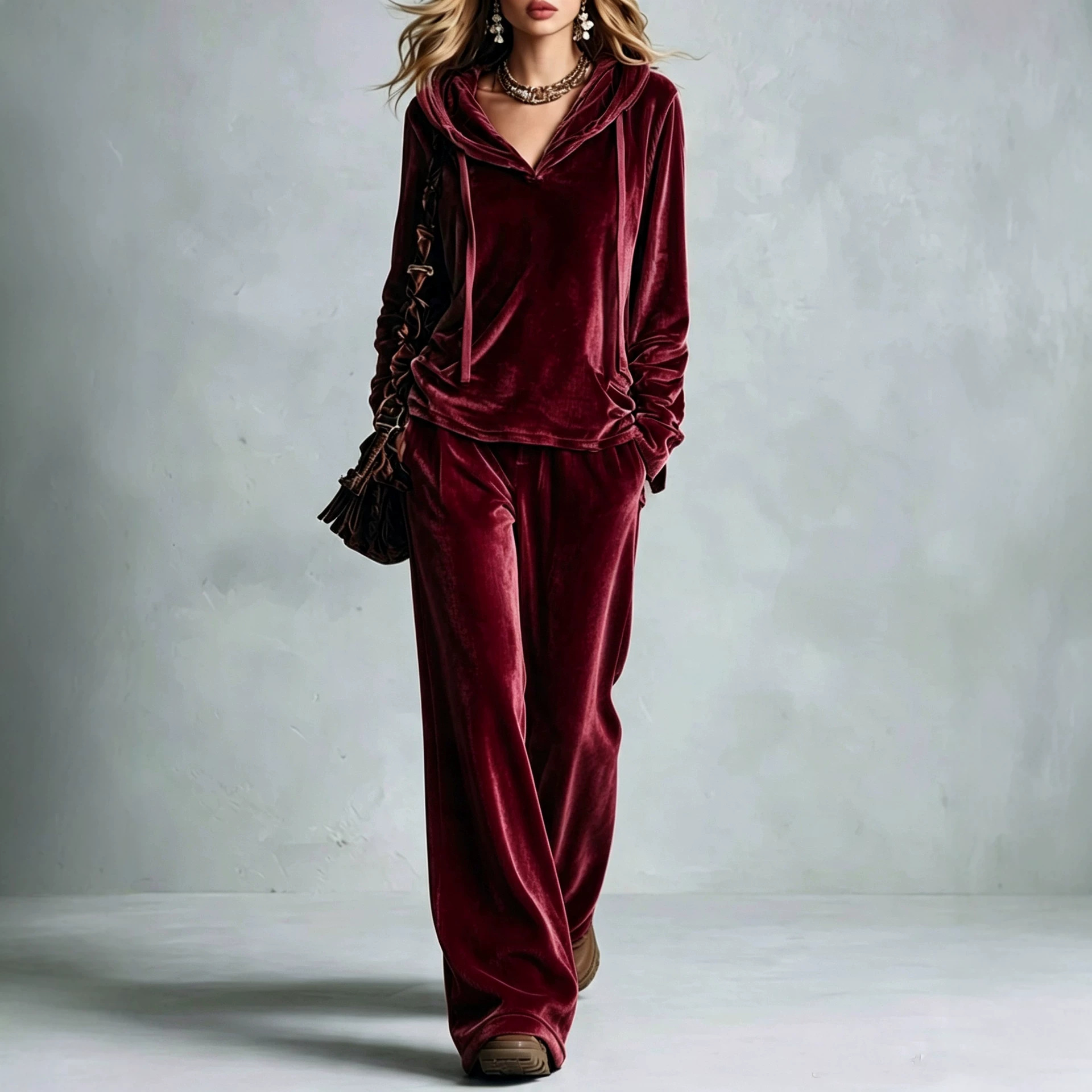 Women's Solid Korean Velvet Hoodie & Wide-Leg Pants Set