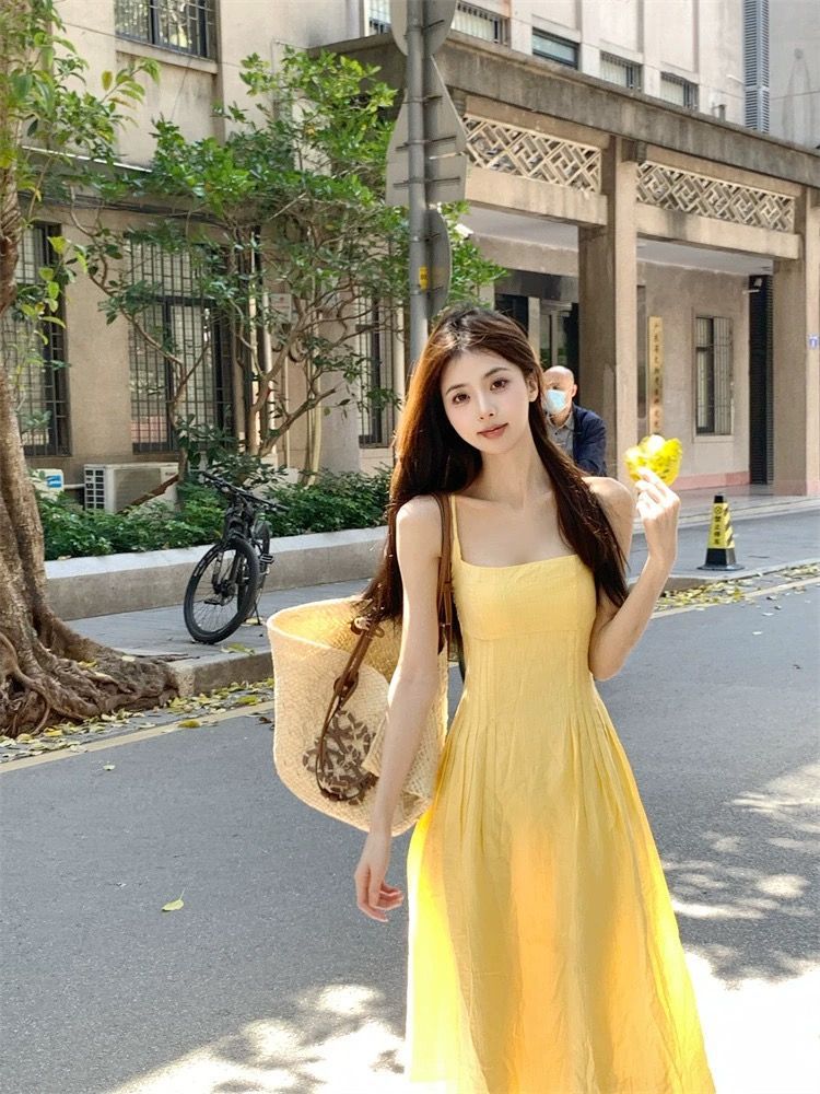 Yellow Sleeveless Slip Dress Square Neck Cinched Waist Long Dress