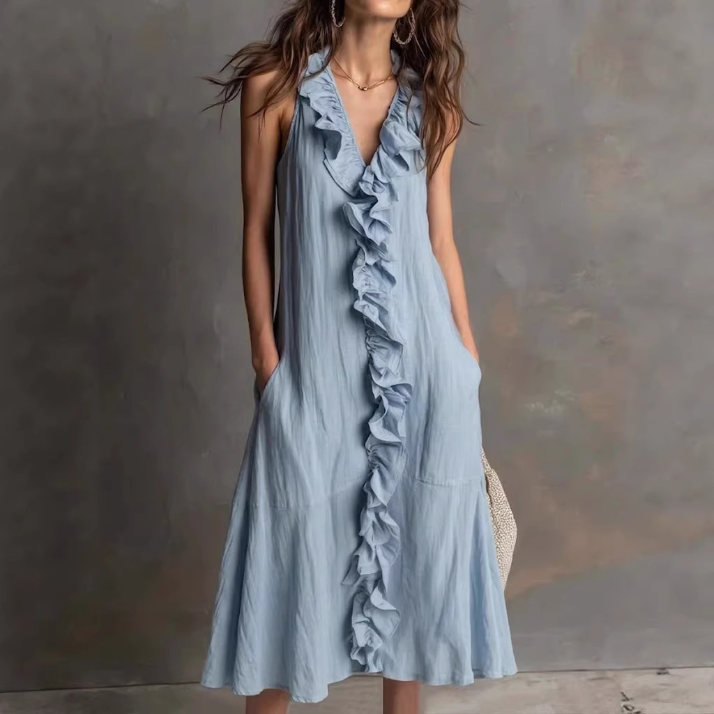 Women's Sleeveless Cotton-Linen V-Neck Ruffle Hem Maxi Dress