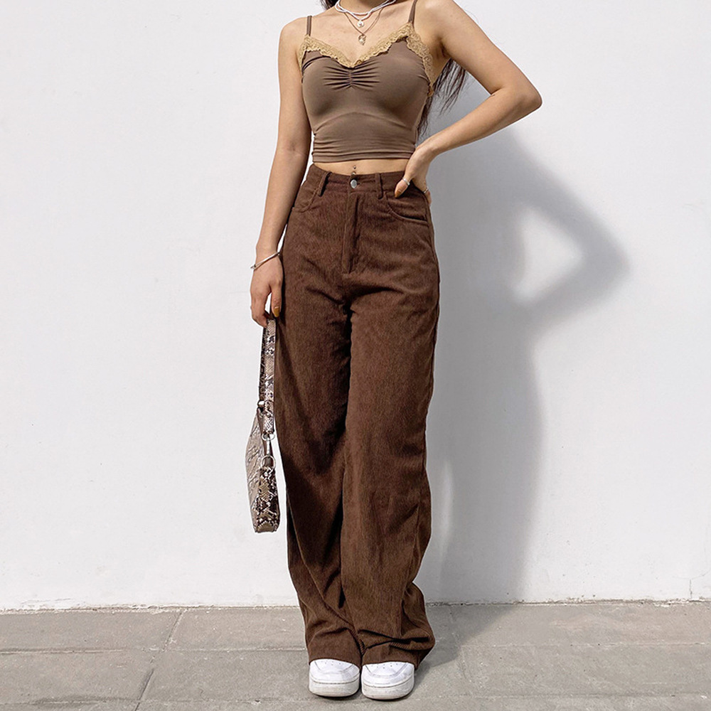 Women's Corduroy High-Waist Straight-Leg Pants Solid Color Slimming Casual Trousers