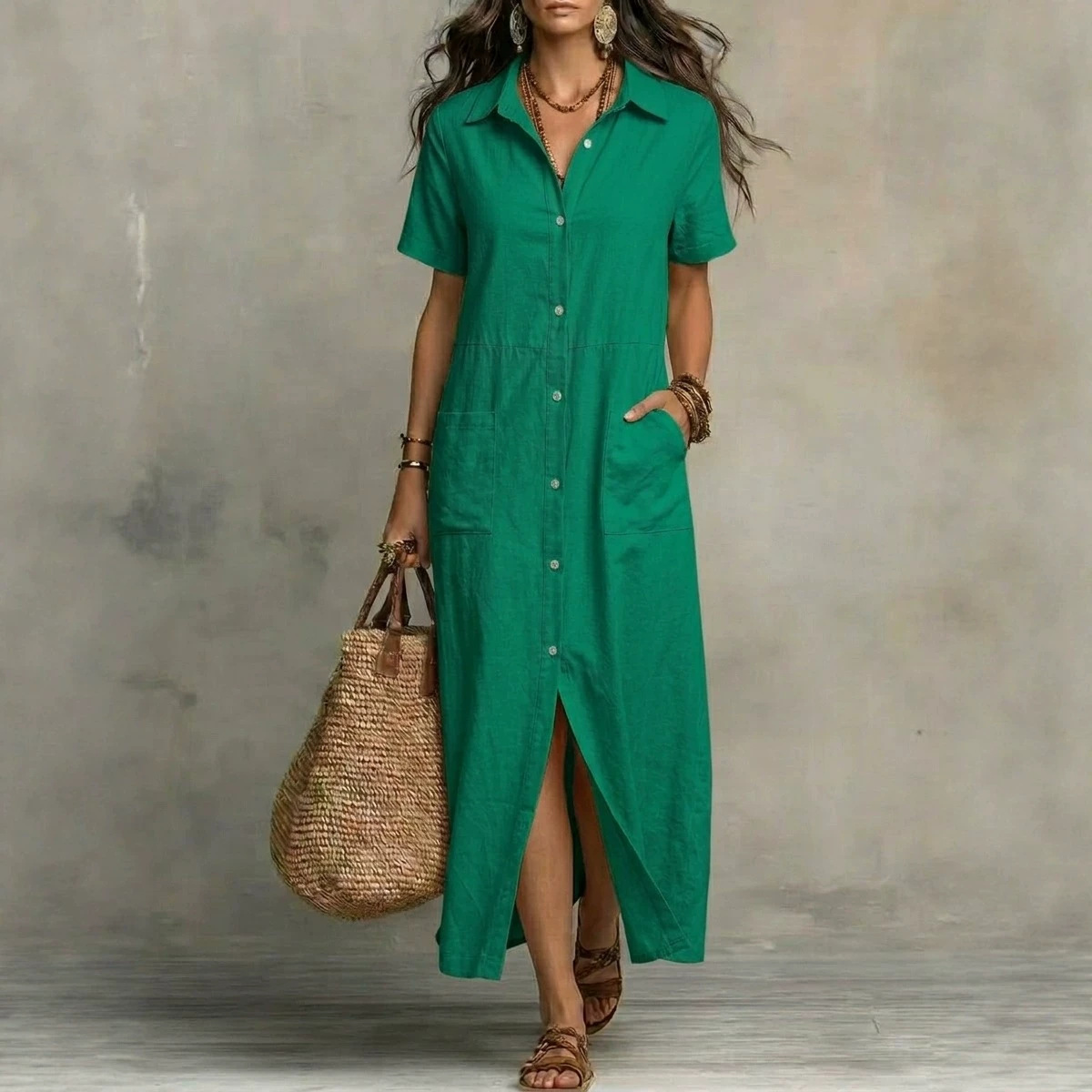 Women's Button-Front Short-Sleeve Casual Dress with Pockets