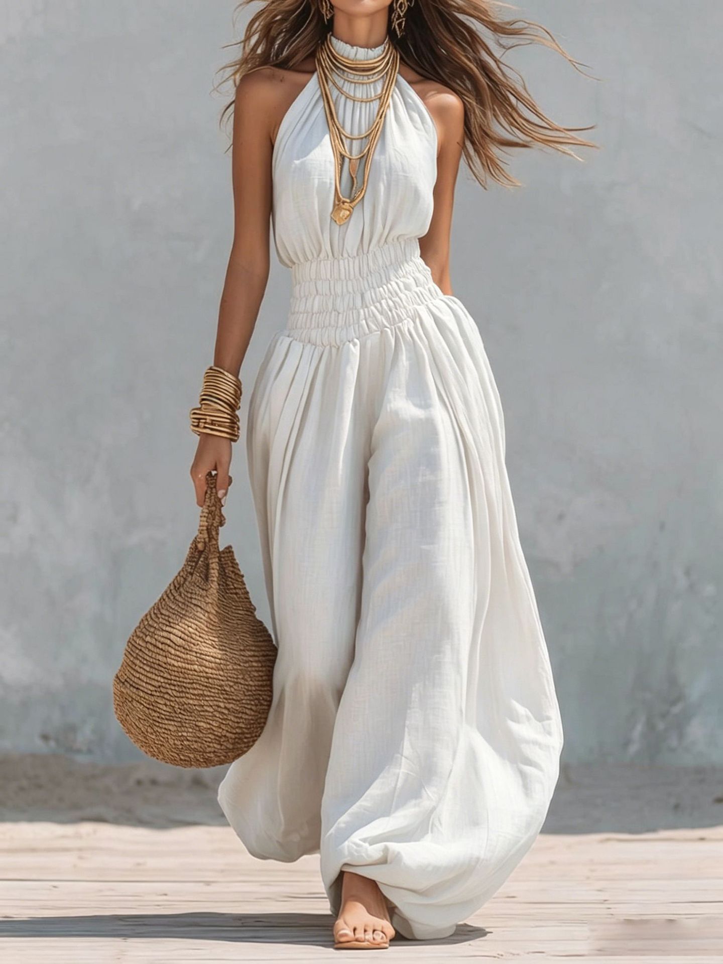 Women's Sleeveless Halter Lantern Jumpsuit Streetwear Solid Color