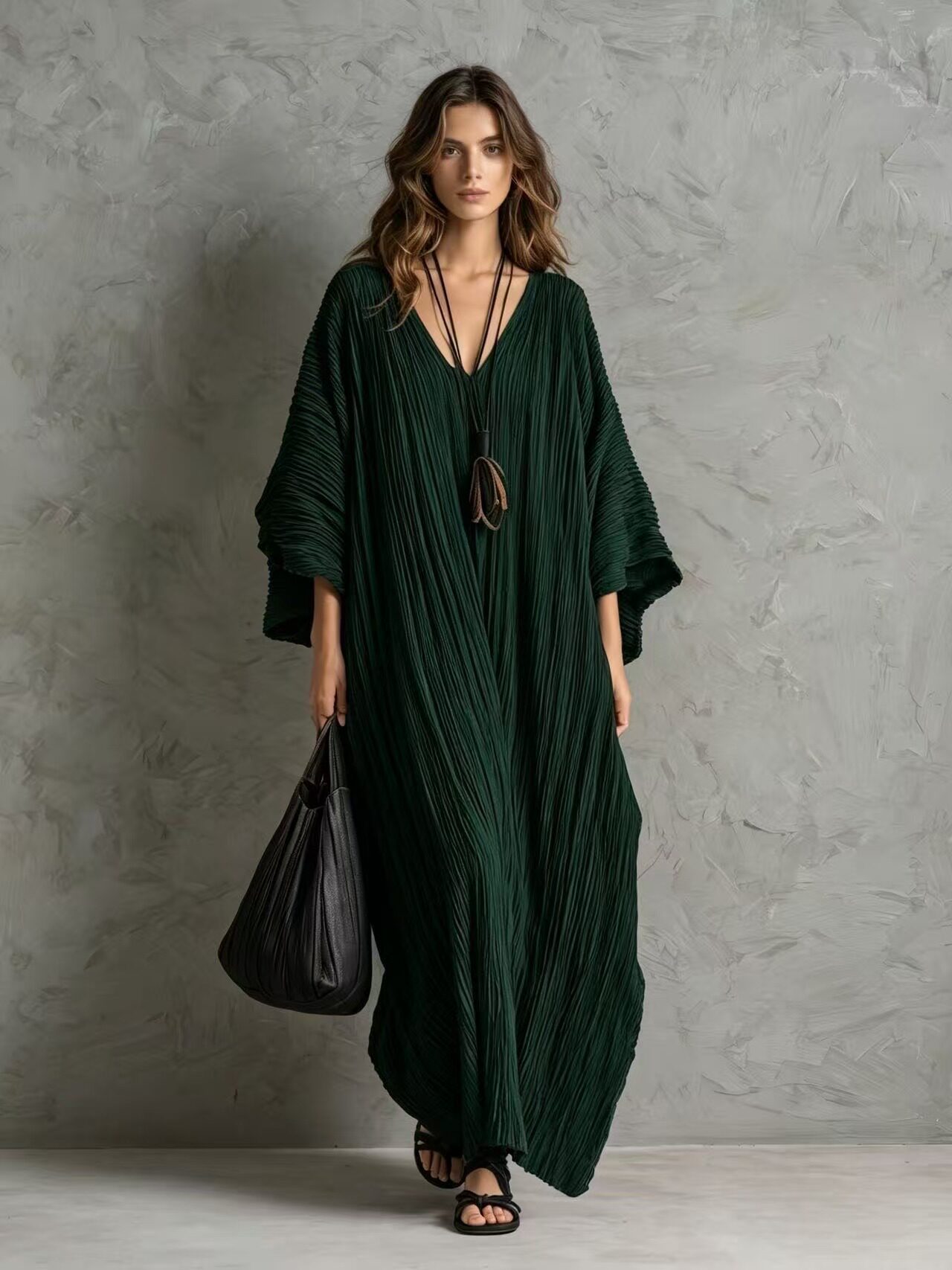 Women's V-Neck Caftan Maxi Dress with Pockets