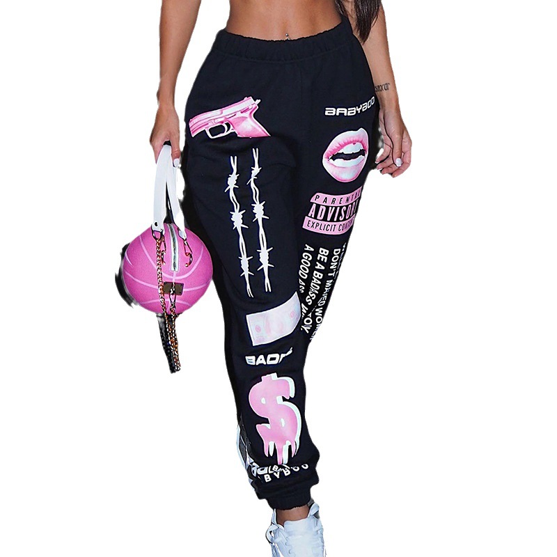 Gothic Print Elastic Waist Harem Pants Women's Casual