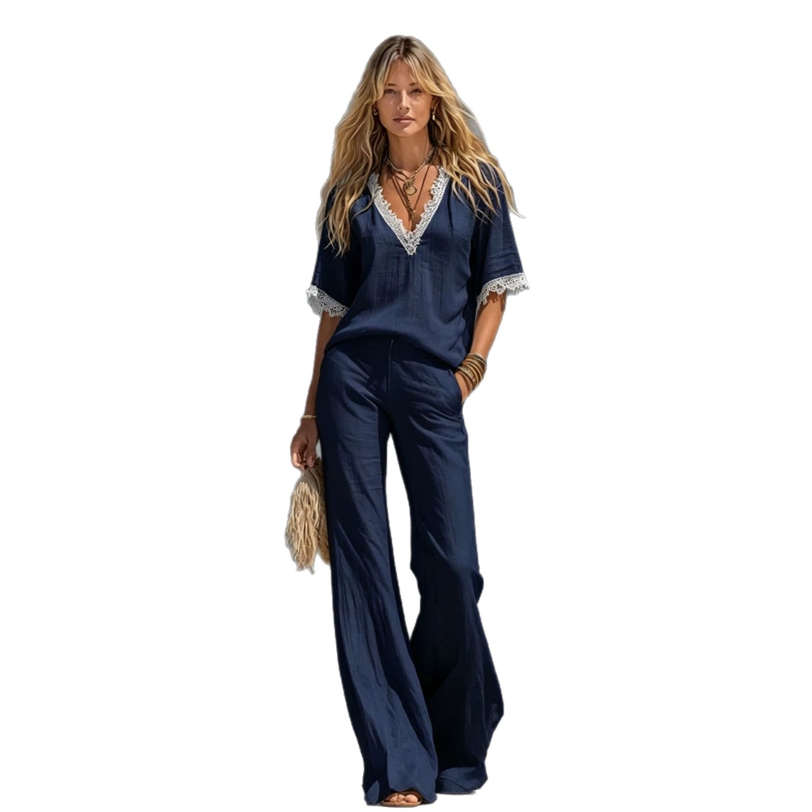 Women's Cotton-Linen Lace Two-Piece Set with Wide-Leg Pants Vacation Beach Outfit