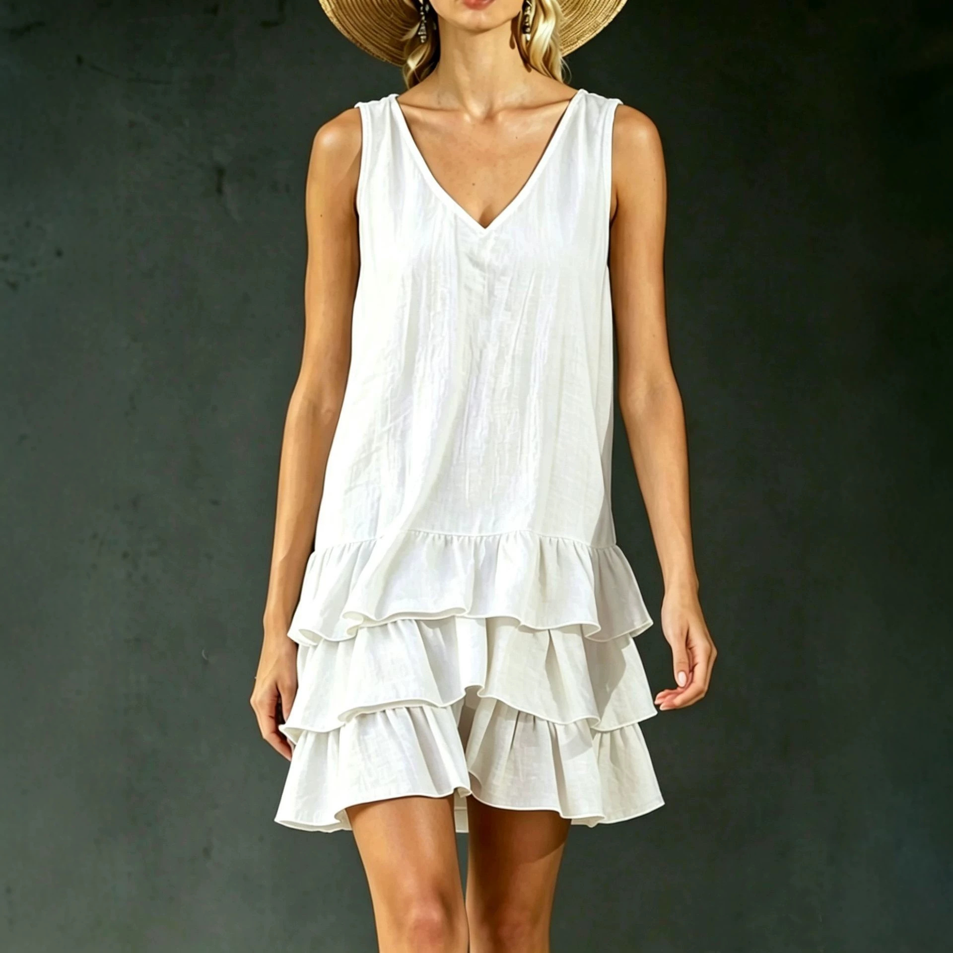 Women's Loose Solid Color Side Pocket Tank Dress Casual V-Neck Sleeveless Midi