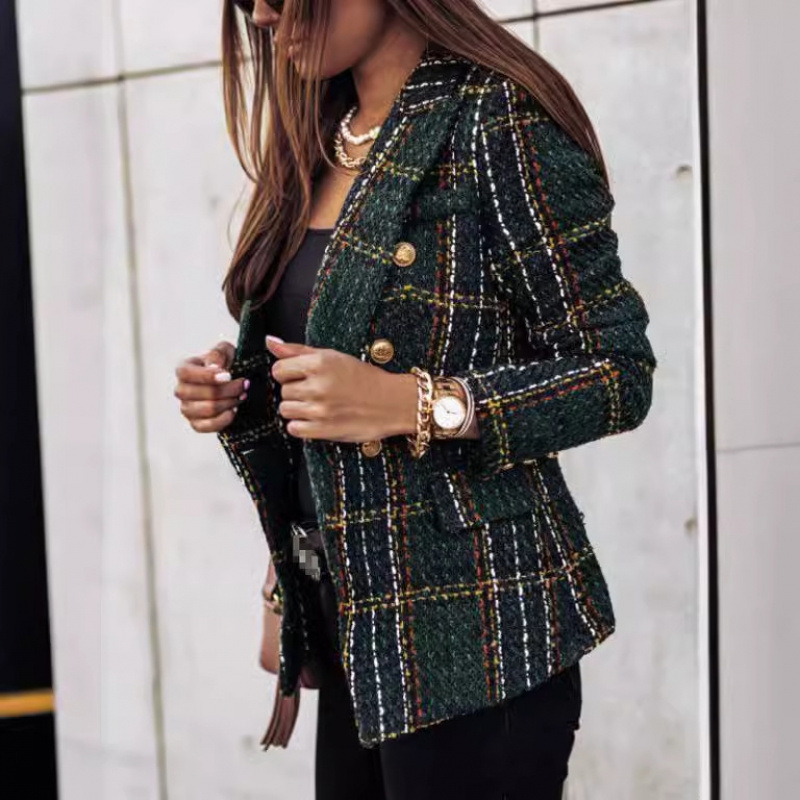 Women's Long Sleeve Double-Breasted Blazer with Suit Collar and Print