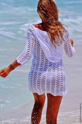 Hooded Open-Knit Cover-Up Dress with Tie Detail