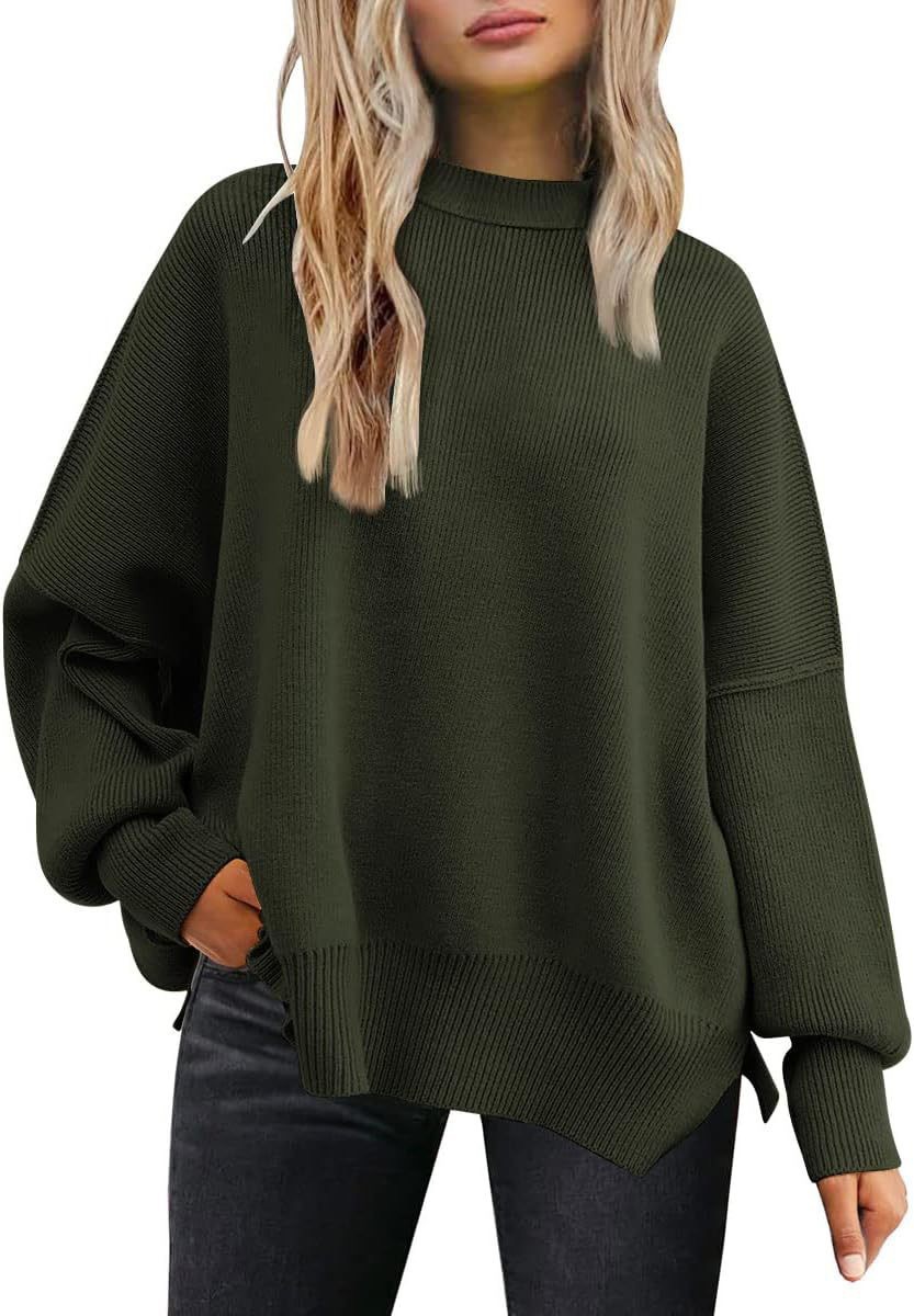 Women's Crewneck Batwing Sleeve Side Slit Loose Knit Sweater