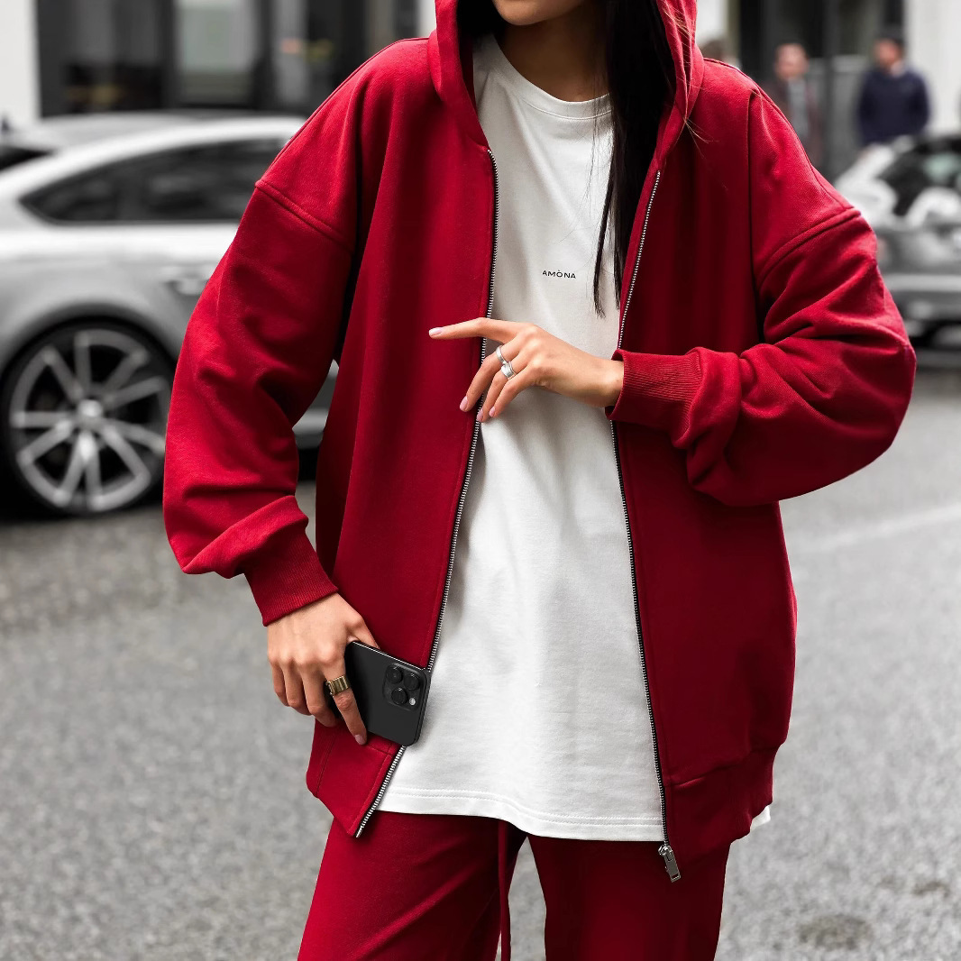 Women's American-Style Zip-Up Hooded Cardigan and Pants Two-Piece Set