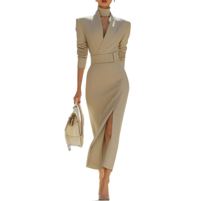 V-Neck Fitted Midi Bodycon Slit Dress