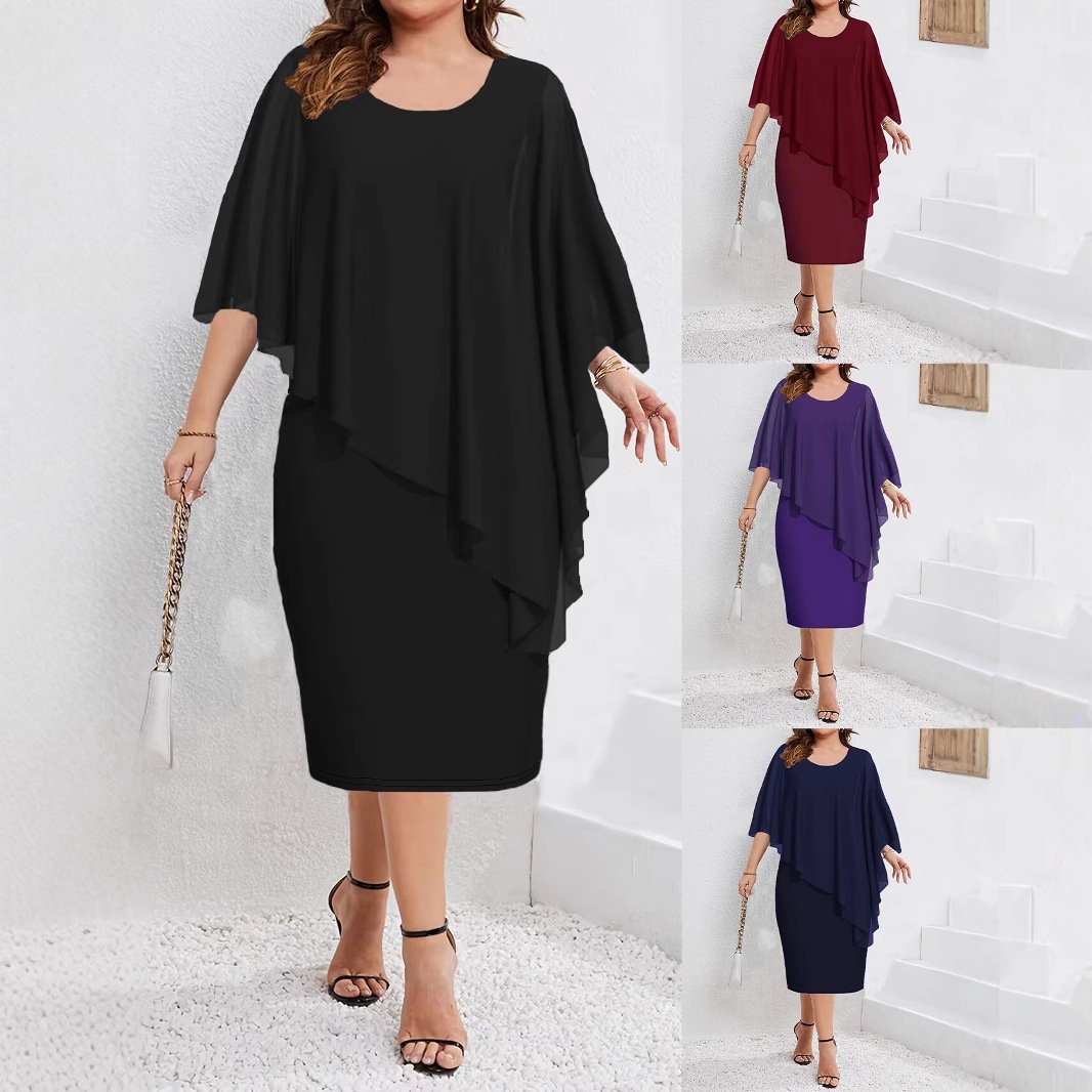 Plus Size Asymmetric Chiffon Midi Dress with Flutter Sleeves and Colorblock Design