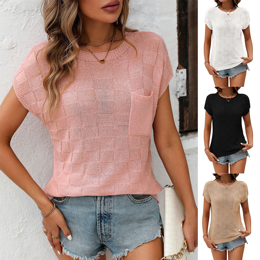 Women's Plaid Crewneck Pocket Short Sleeve Sweater
