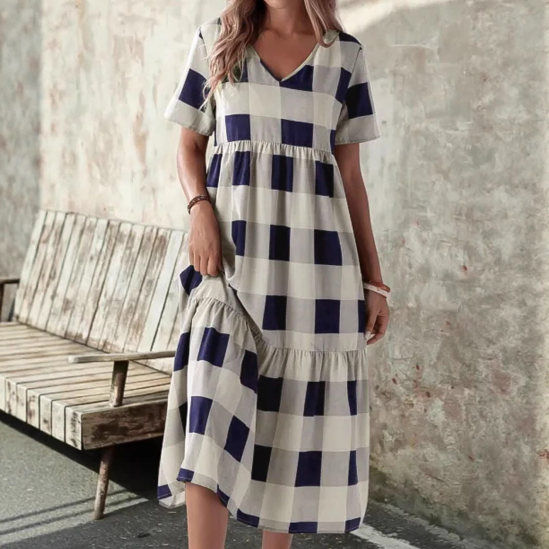Plaid V-Neck Short Sleeve Maxi Dress