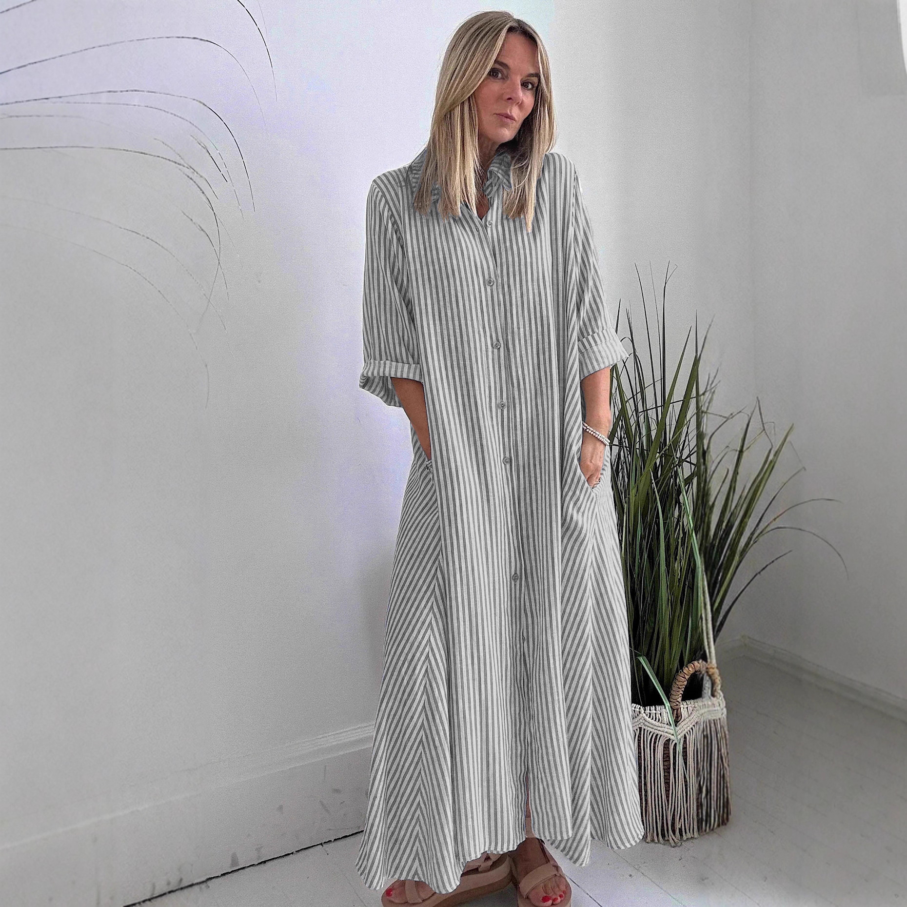 Striped Collared Midi Dress with Three-Quarter Sleeves and Button Front