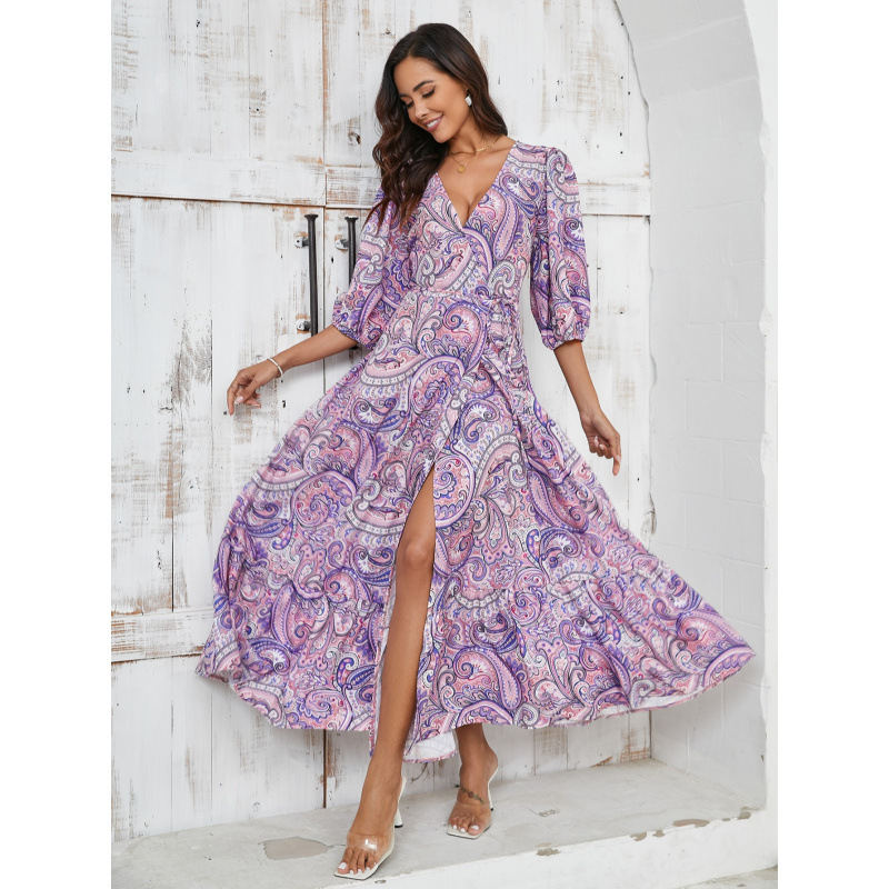 Suede A-Line Midi Dress with V-Neck and Lantern Sleeves
