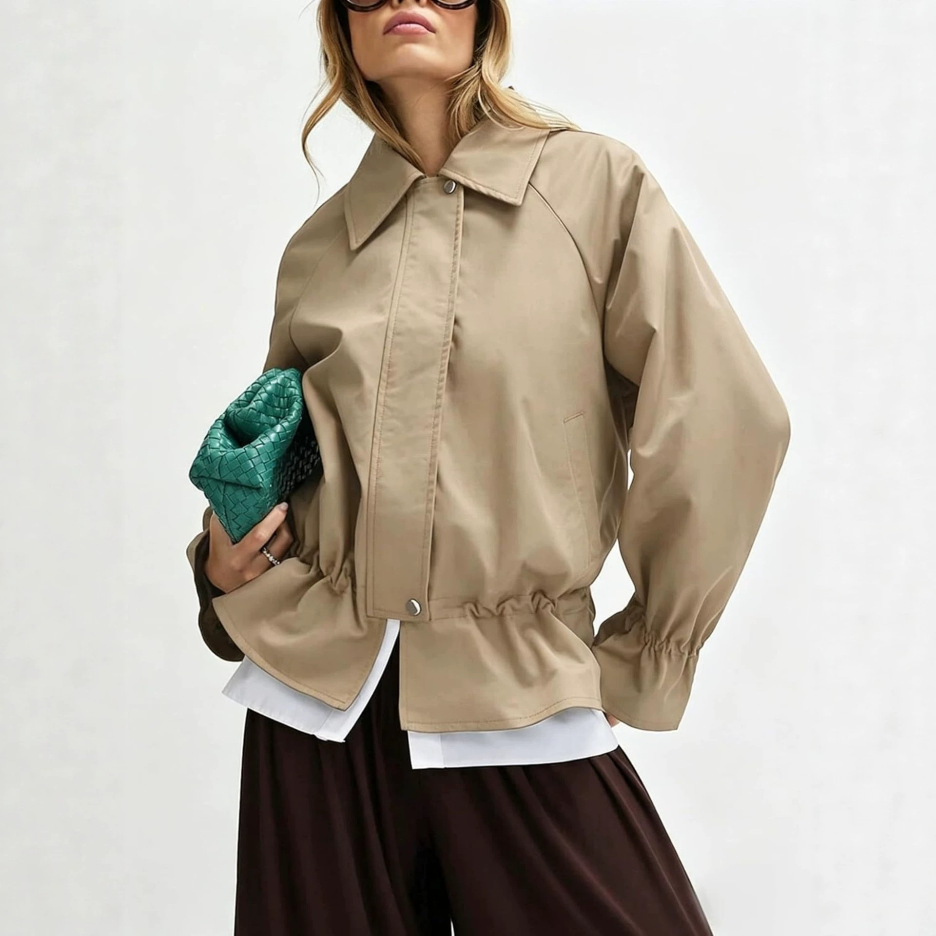 Women's Loose Fit Polo Collar Zip-Up Jacket with Cinched Waist