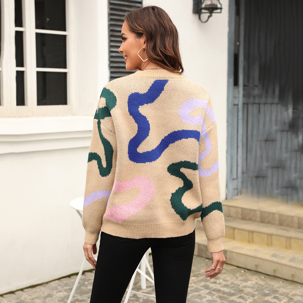 Geometric Color-Block Crewneck Knit Sweater, Loose Pullover