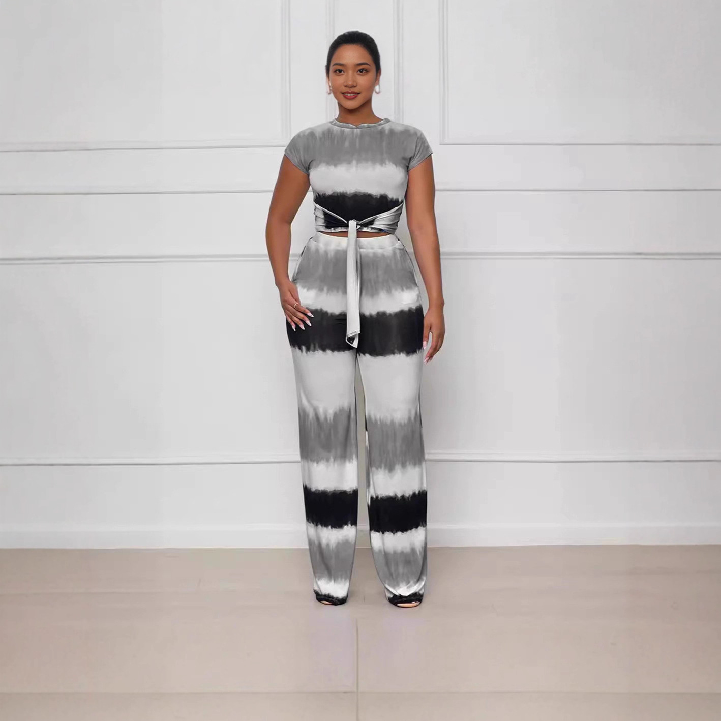 Women's Tie-Front Cutout Straight-Leg Gradient Pants Set