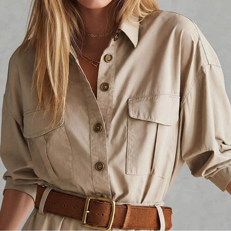 Khaki Multi-Pocket Long-Sleeve Mini Shirt Dress
