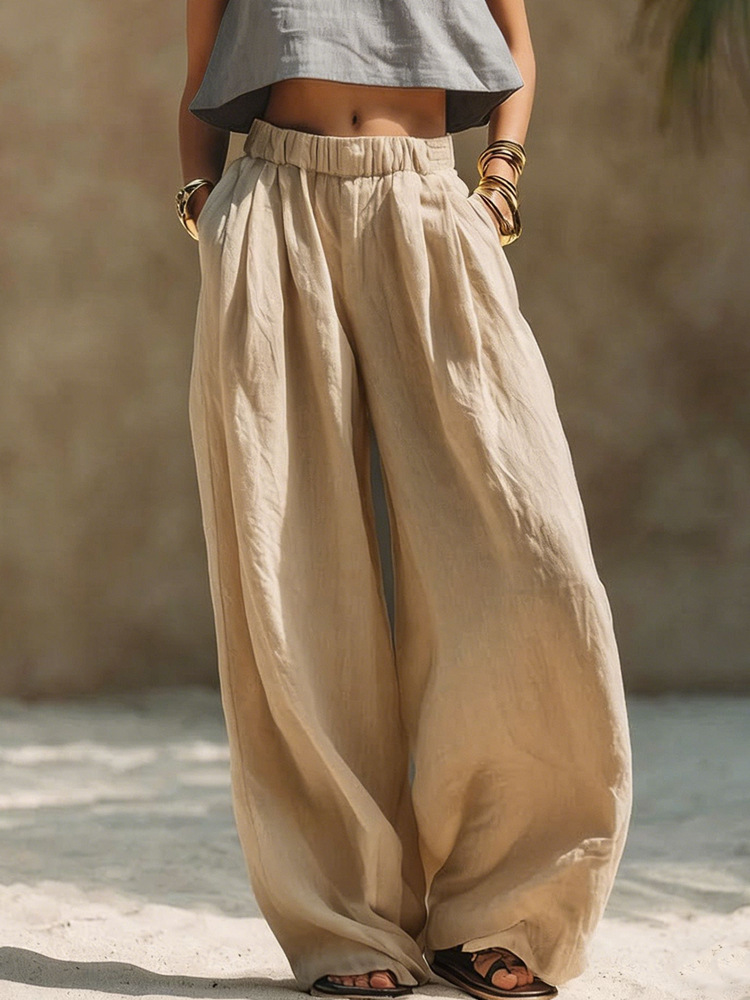 Women's Cotton-Linen Wide-Leg Pants Solid Color Elastic Waist Loose Casual