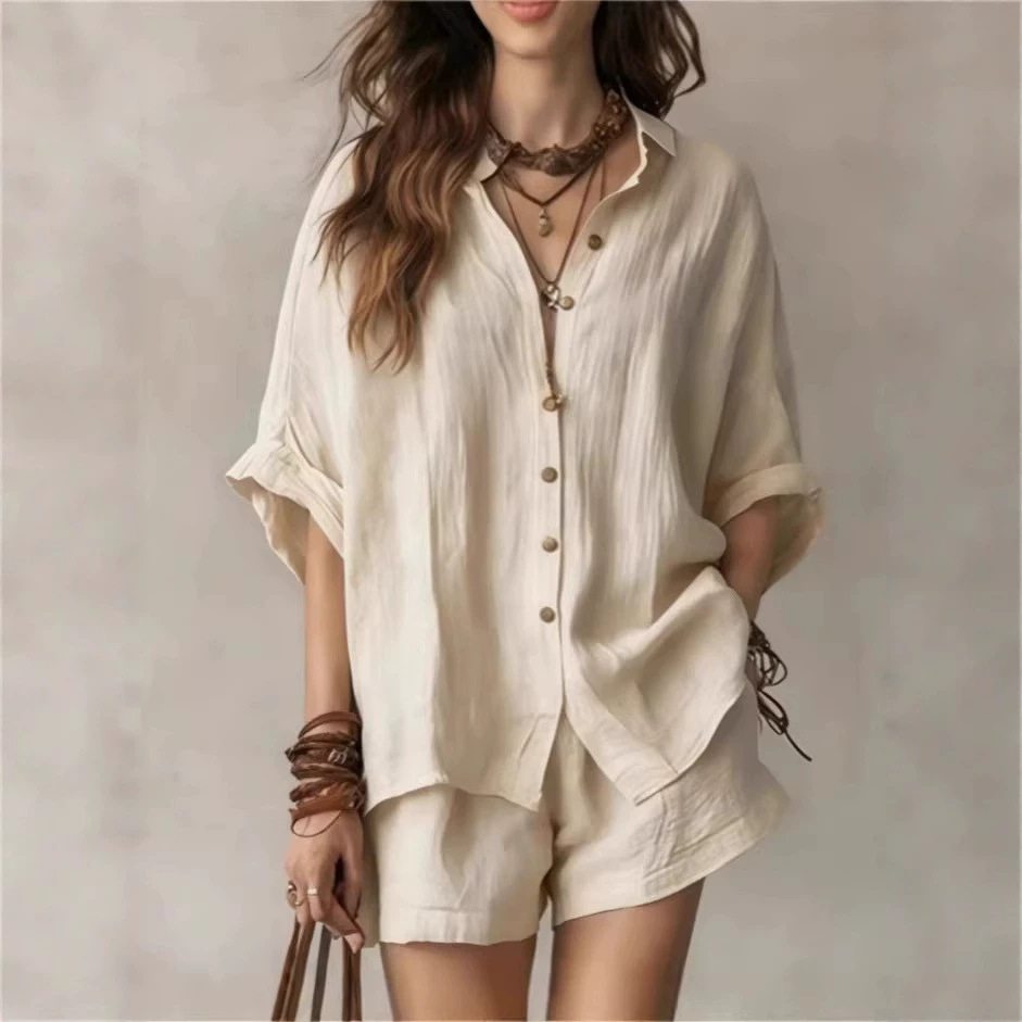 Women's Casual Two-Piece Set Loose Short Sleeve Collared Shirt and Shorts