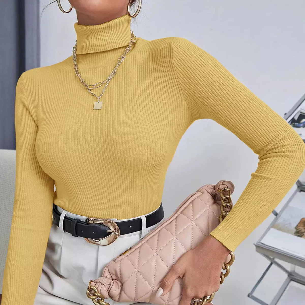 Slim Fit Turtleneck Knit Pullover Sweater